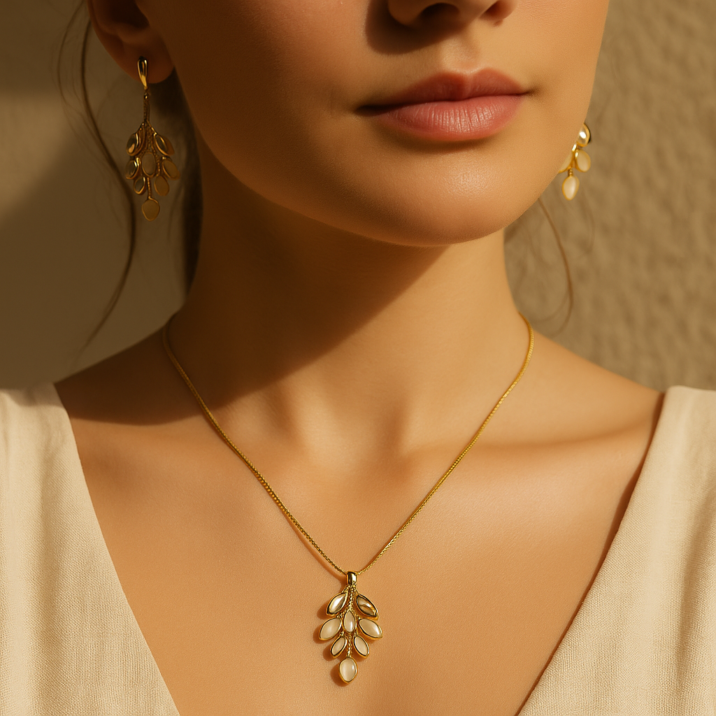Aanura Golden Leaf Drop Necklace & Earrings Set