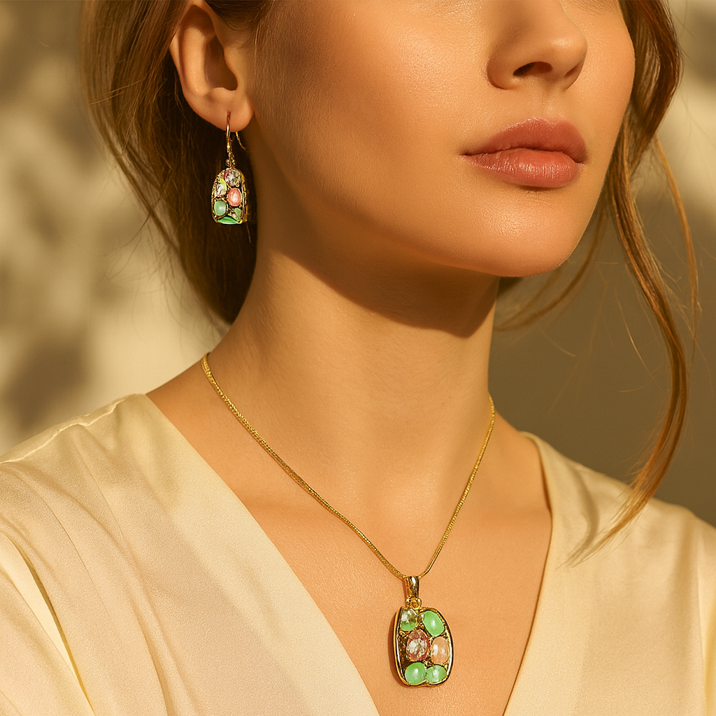 Aanura Pastel Green Peach Rectangular Necklace & Earrings