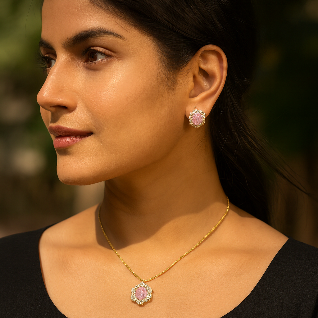 Aanura Pink Oval Halo Necklace & Earrings Set