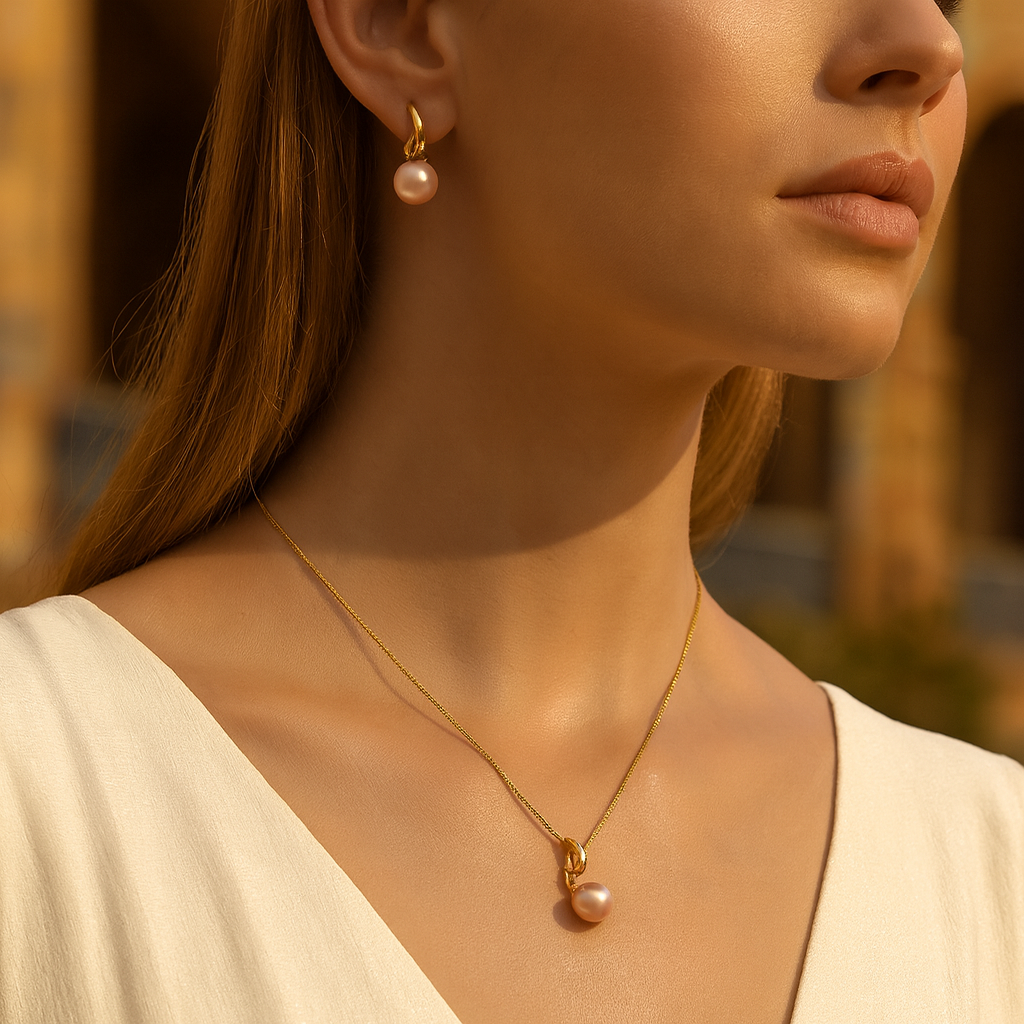 Aanura Pink Pearl Leaf Necklace & Earrings Set