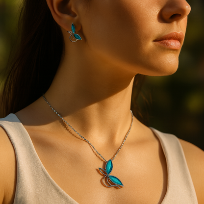 Aanura Blue Butterfly Necklace & Earrings Set