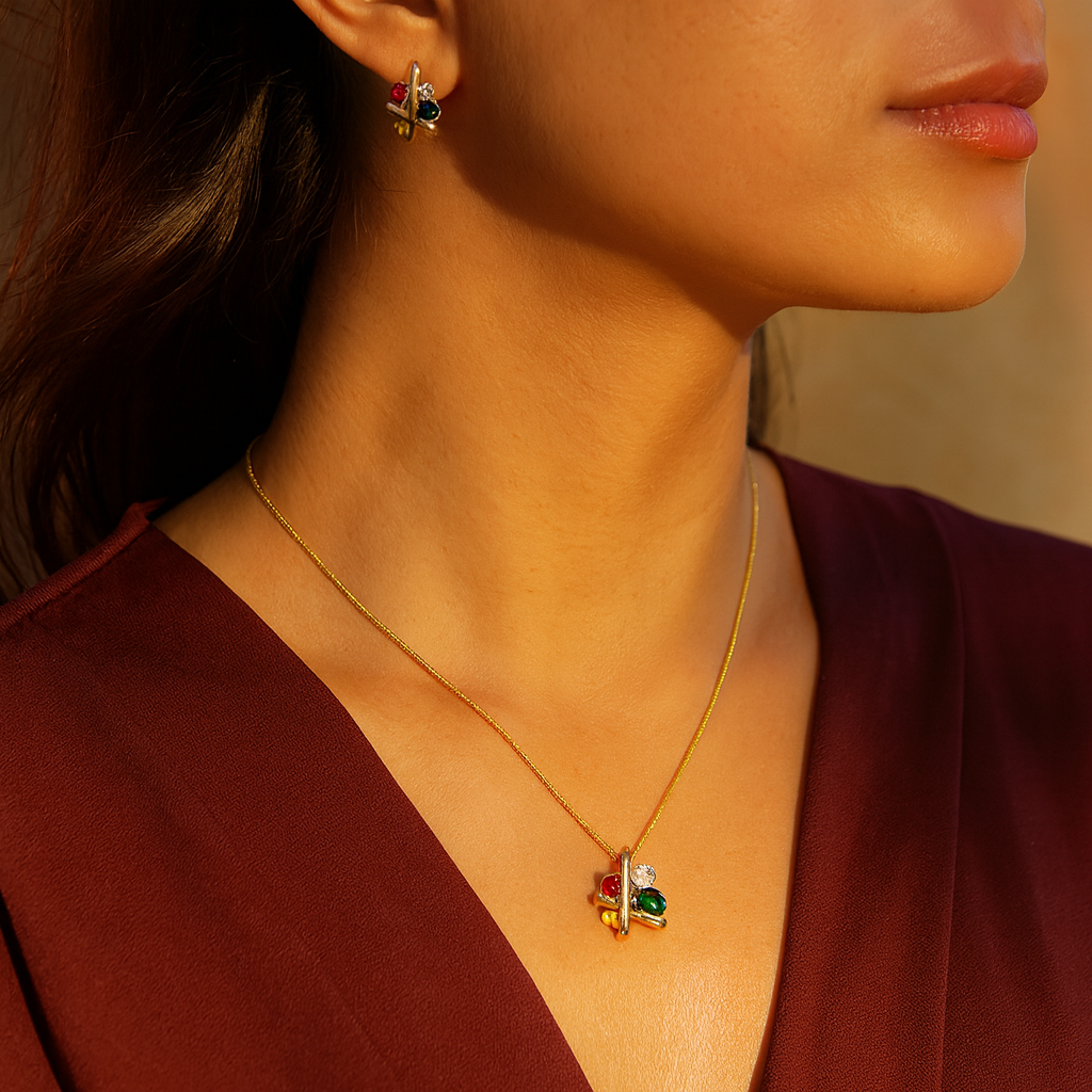 Aanura Red & Green Crystal Necklace & Earrings