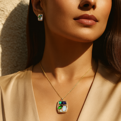 Aanura Pastel Green Peach Rectangular Necklace & Earrings