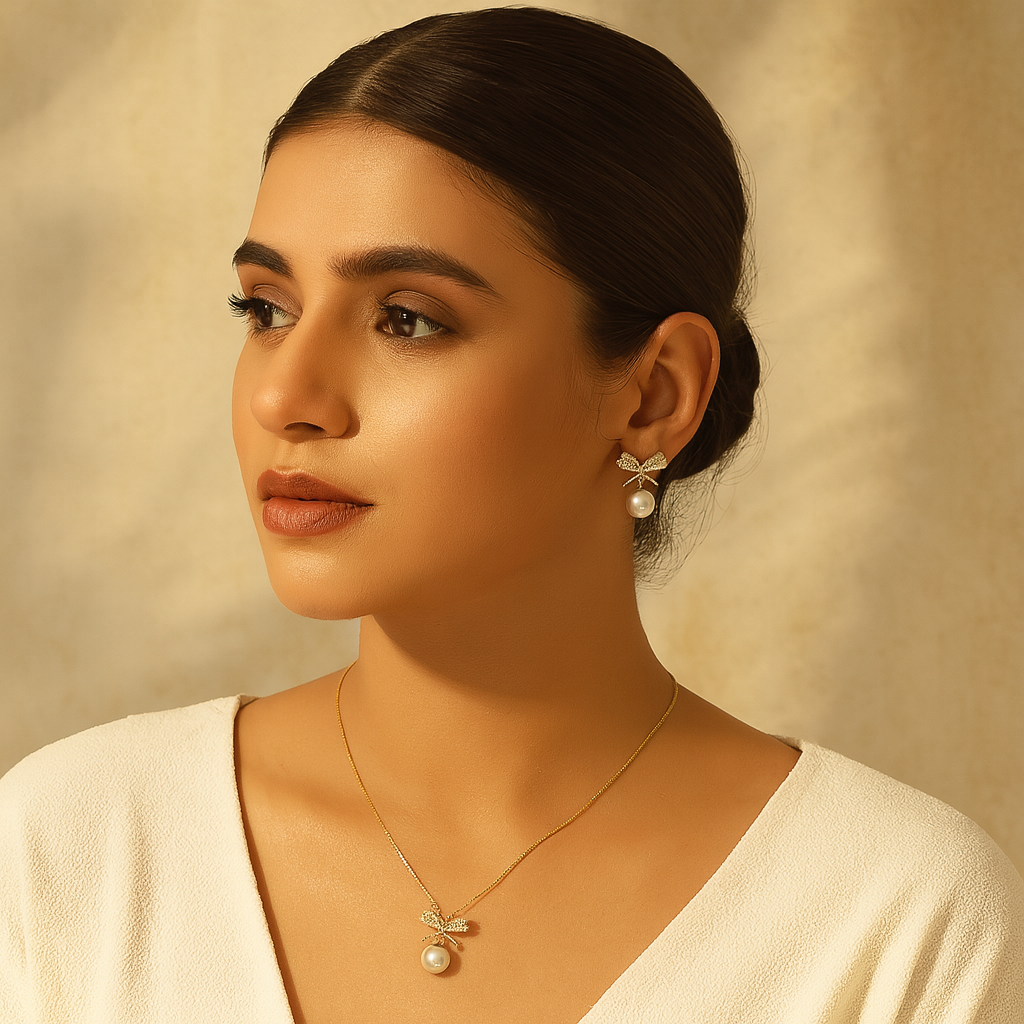 Aanura Pearl Bow Necklace & Earrings Set