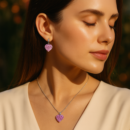Aanura Pink Heart Crystal Necklace & Earrings Set