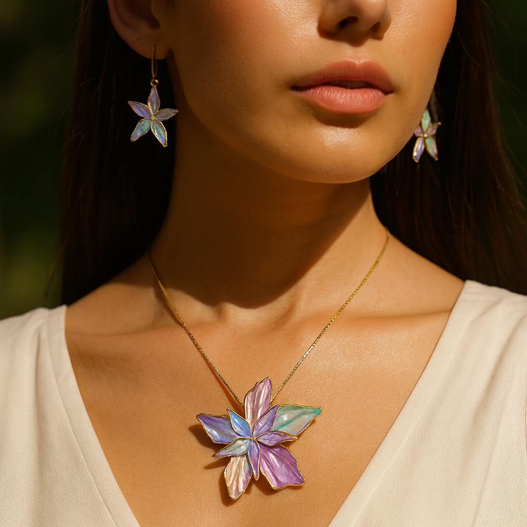Aanura Pink Orchid Flower Necklace & Earrings