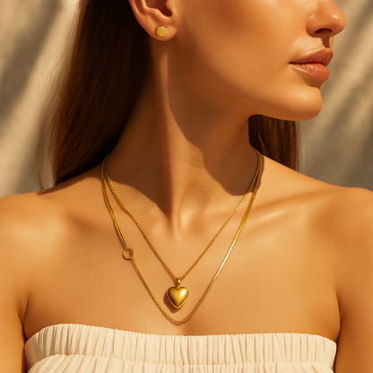 Aanura Golden Heart & Key Necklace & Earrings Set