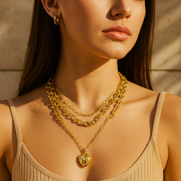 Aanura Layered Gold Chain Necklace with Waffle Heart Pendant