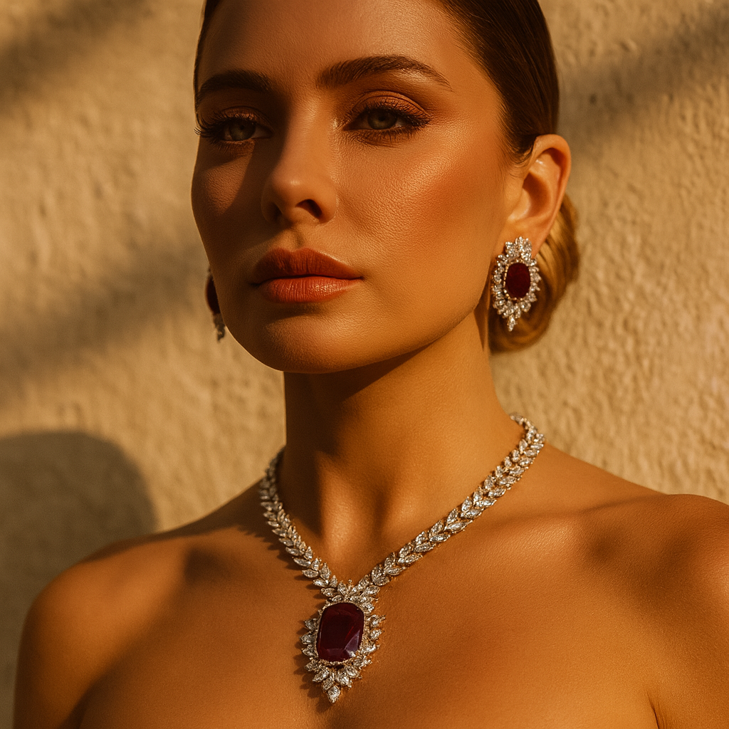 Aanura Ruby Oval Pendant Necklace Set