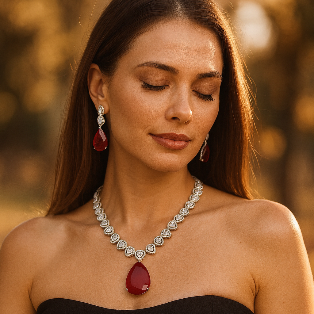 Aanura Purple Teardrop Crystal Necklace Set