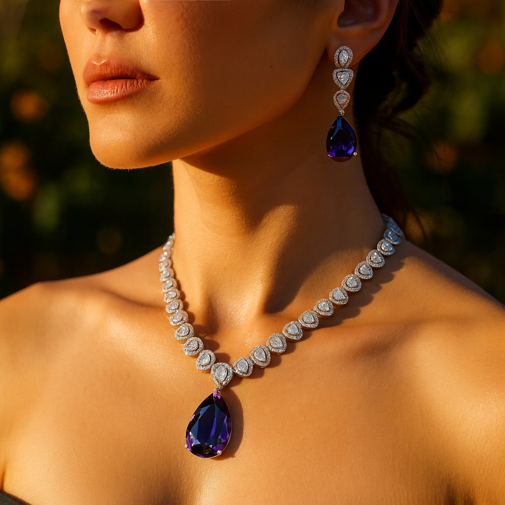 Aanura Purple Teardrop Crystal Necklace Set