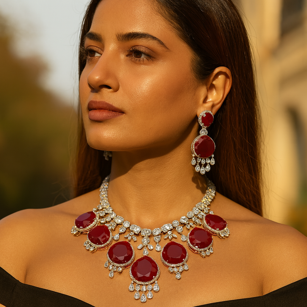 Aanura Royal Purple Crystal Drop Necklace Set Stainless