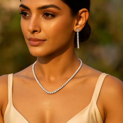 Aanura Diamond Tennis Necklace Set with Drop Earrings