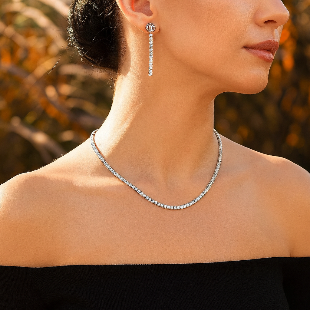 Aanura Diamond Tennis Necklace Set with Drop Earrings