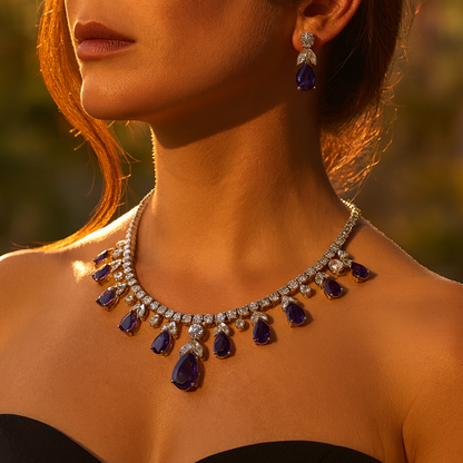 Aanura Purple Teardrop Crystal Necklace Set with Earrings