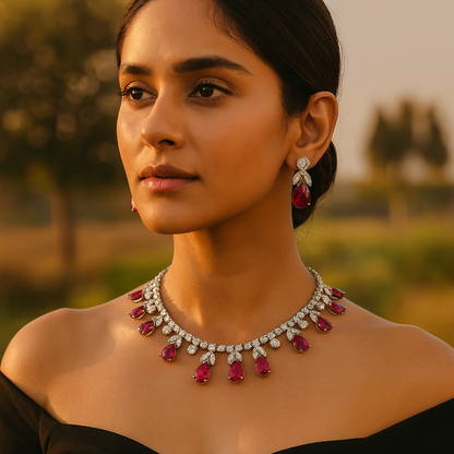 Aanura Purple Teardrop Crystal Necklace Set with Earrings