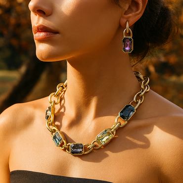 Aanura Gold Link Multicolor Crystal Necklace Set Stainless