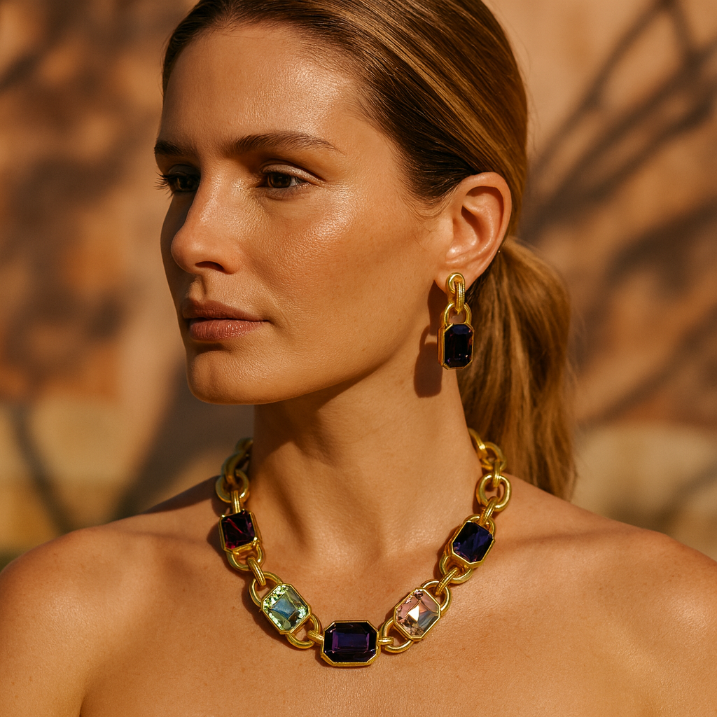 Aanura Gold Link Multicolor Crystal Necklace Set Stainless