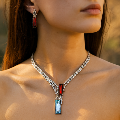 Aanura Red & Blue Stone Necklace Set
