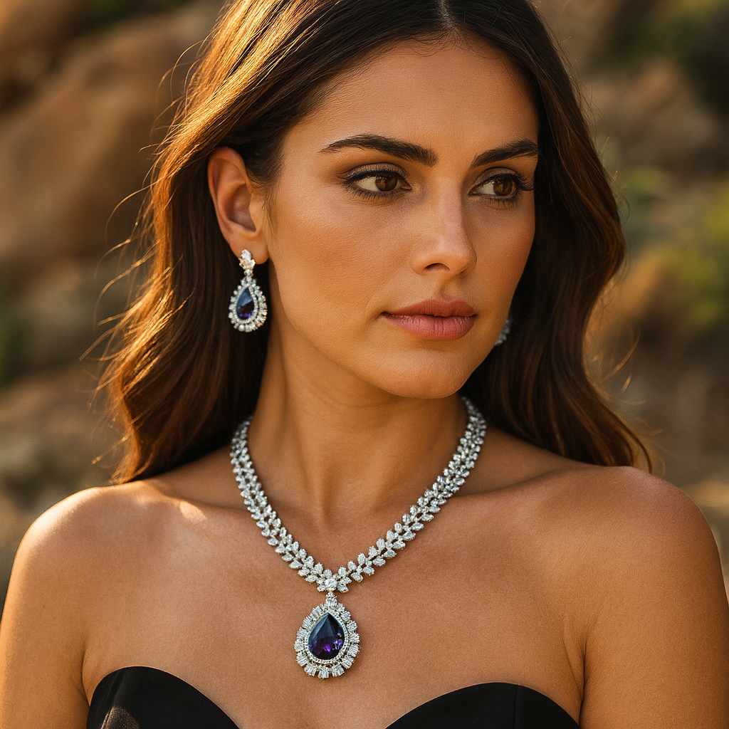 Aanura Royal Black Teardrop Necklace Set