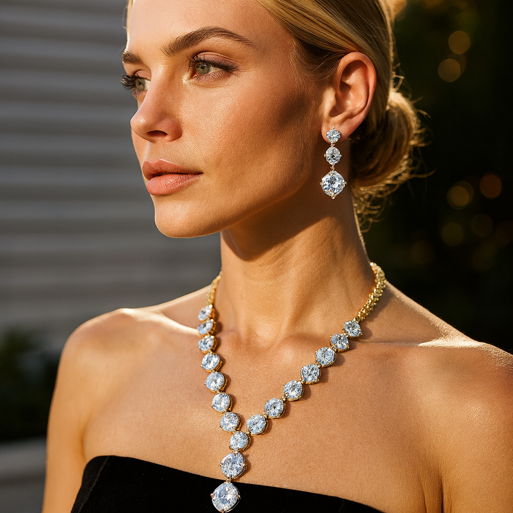 Aanura Square Crystal Necklace Set in Stainless Steel