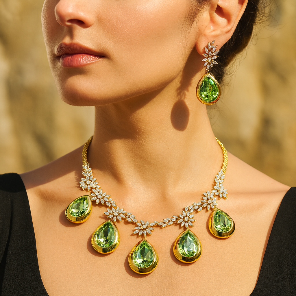 Aanura Green Teardrop Floral Necklace Set