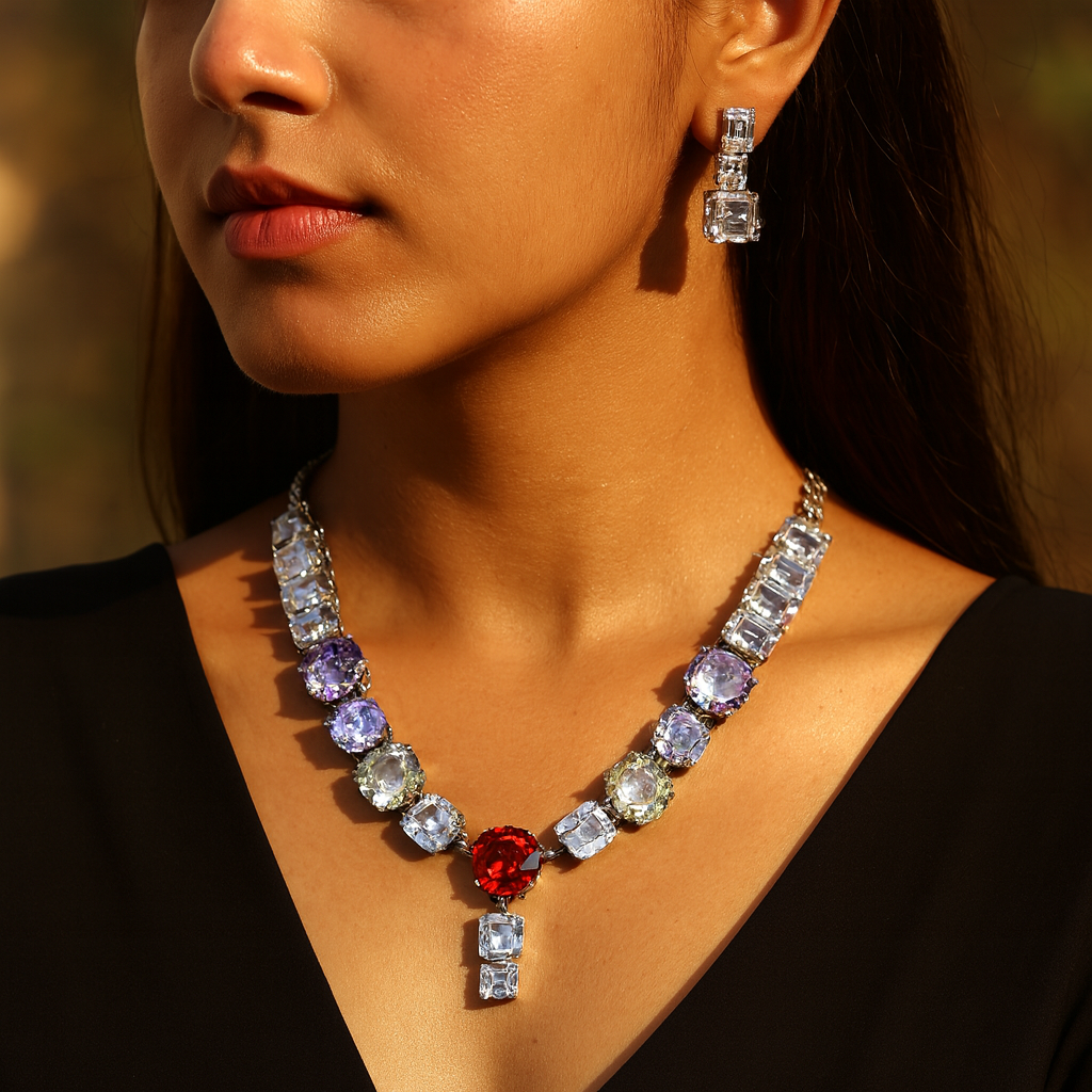 Aanura Red Center Multicolor Crystal Necklace