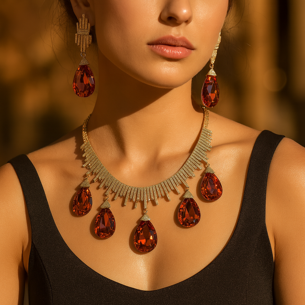 Aanura Orange Teardrop Crystal Necklace Set