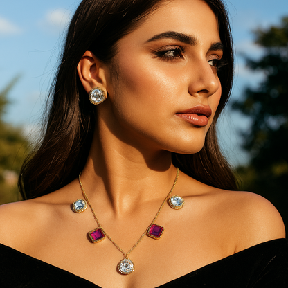 Aanura Multicolor Gemstone Necklace Set in Stainless Steel