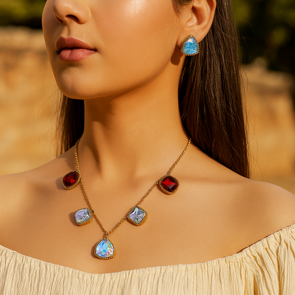 Aanura Multicolor Gemstone Necklace Set in Stainless Steel