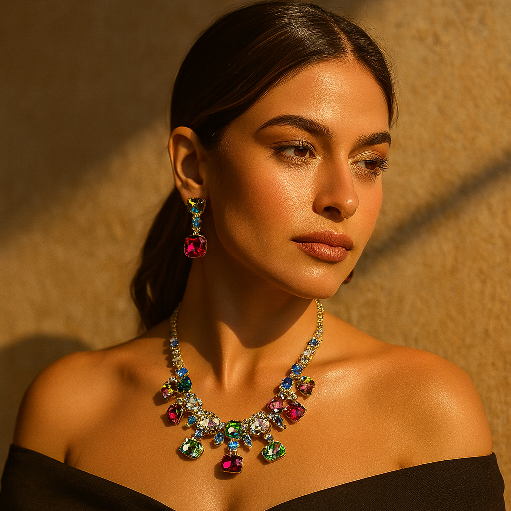 Aanura Multi-Colour Crystal Necklace Set with Earrings