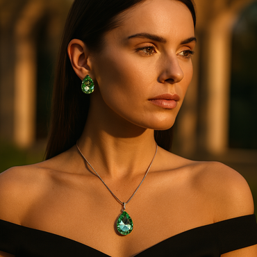Aanura Green Teardrop Crystal Necklace Set Stainless Steel