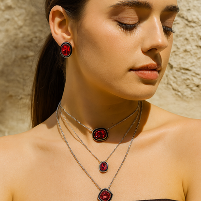 Aanura Layered Red Pendant Necklace Set