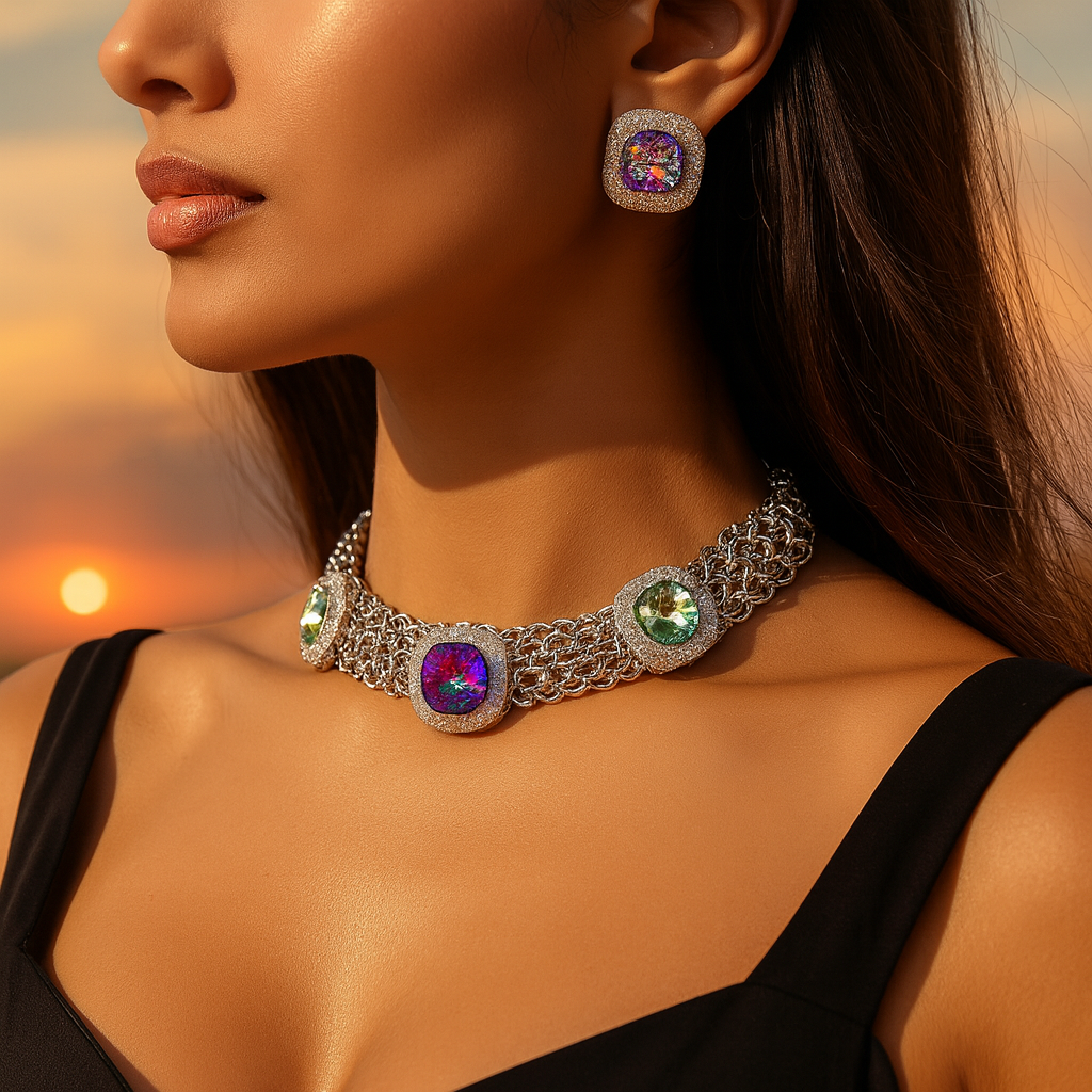 Aanura Multicolor Crystal Choker Necklace Set