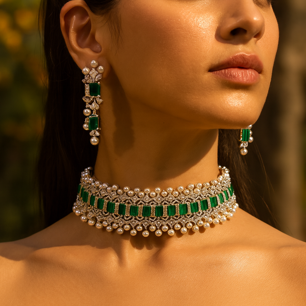 Aanura Emerald Pearl Choker Necklace Set