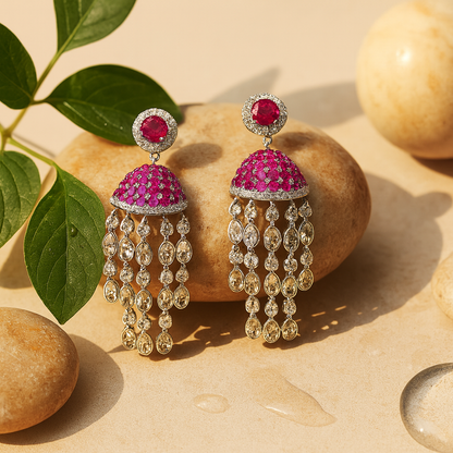 Aanura Red Dome Tassel Jhumka-Style Earrings