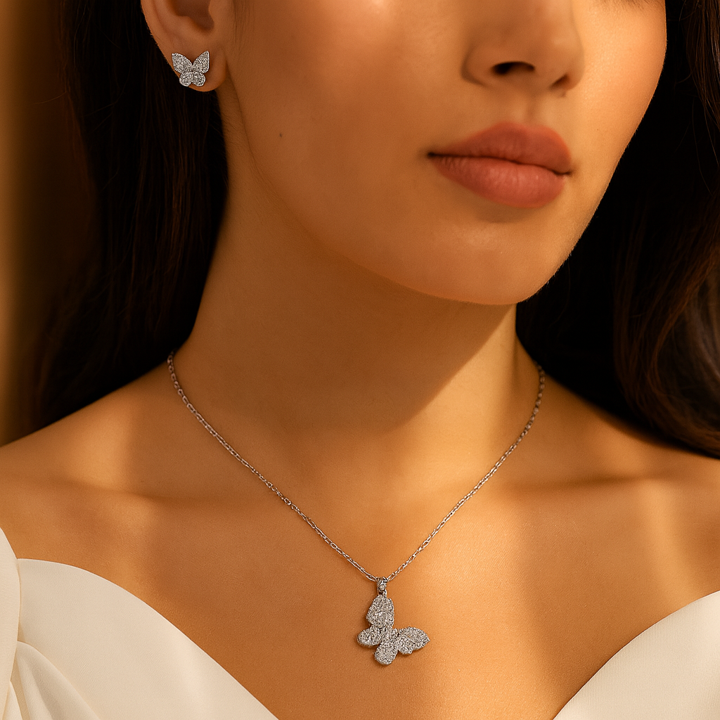 Aanura Crystal Butterfly Necklace & Earrings Set