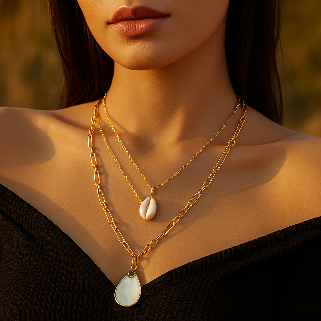 Aanura Double Layer Gold Chain Necklace with Shell