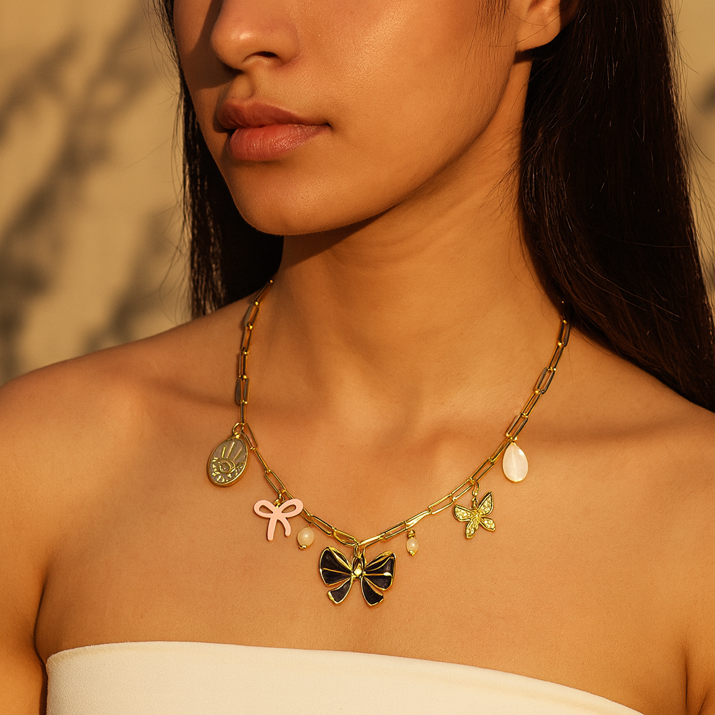 Aanura Gold Charm Necklace with Bow & Butterfly