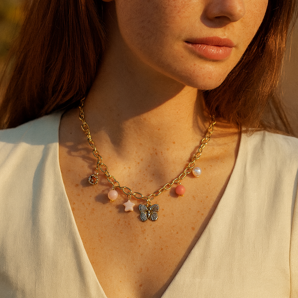 Aanura Gold Charm Necklace with Butterfly & Beads