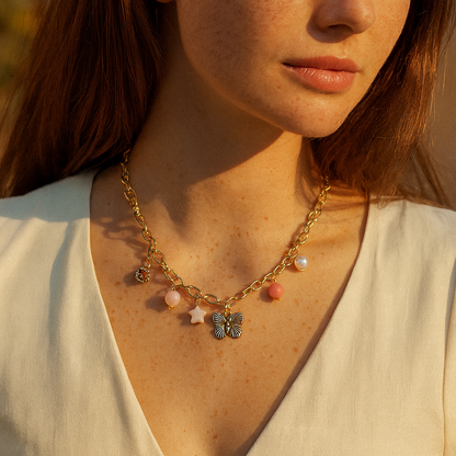 Aanura Gold Charm Necklace with Butterfly & Beads