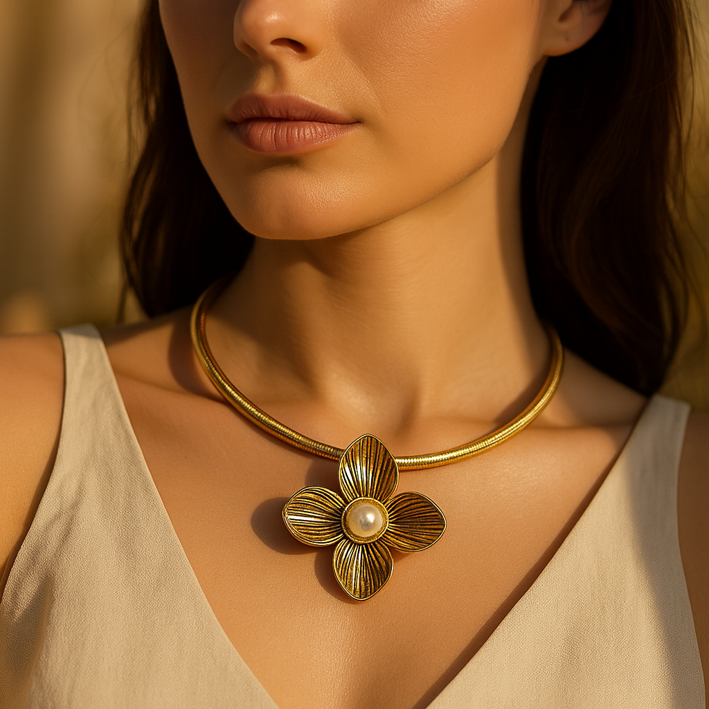 Aanura Gold Choker Necklace with Pearl Flower Pendant