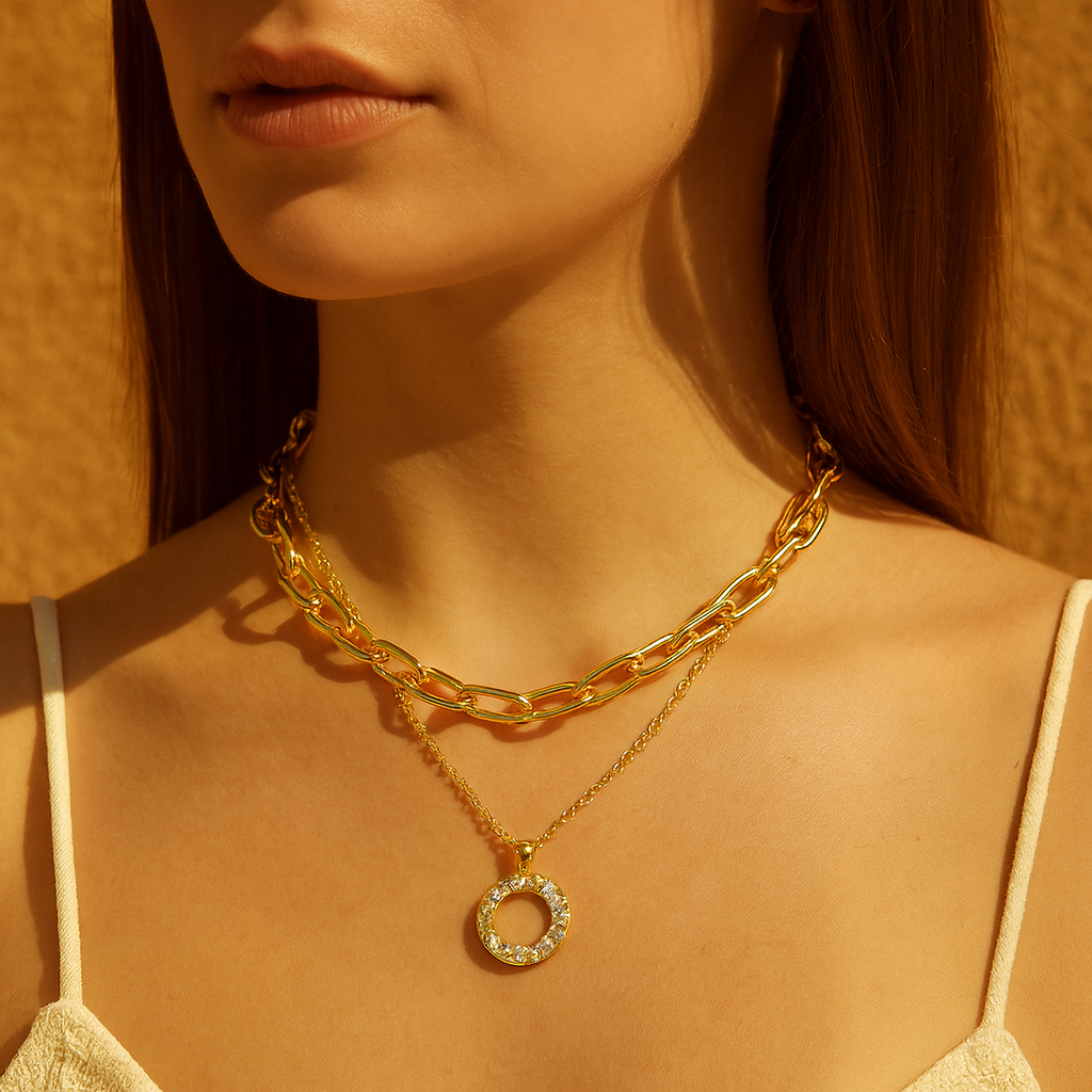Aanura Gold Layered Circle Pendant Necklace