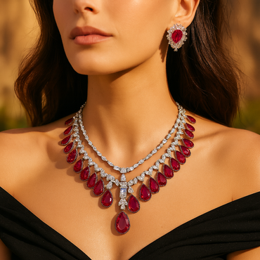 Aanura Ruby Teardrop Layered Necklace Set Stainless Steel