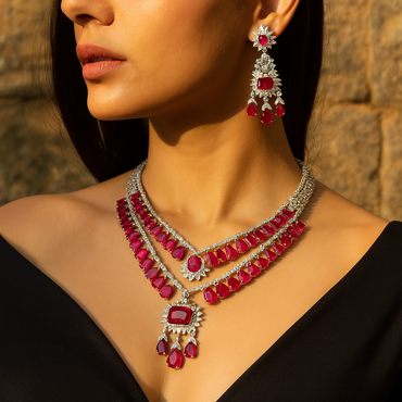 Aanura Ruby Red Bridal Necklace Set in Stainless Steel