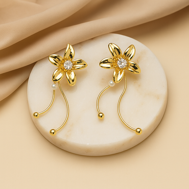 Aanura Crystal Pearl Floral Long Drop Earrings