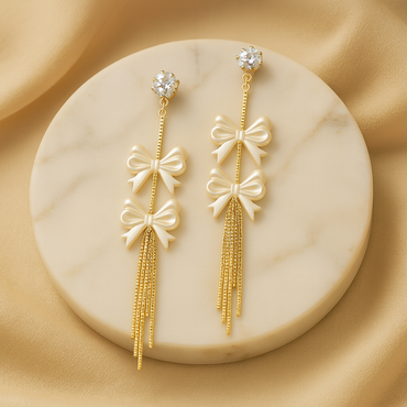 Aanura Pearl Bow Tassel Gold Drop Earrings