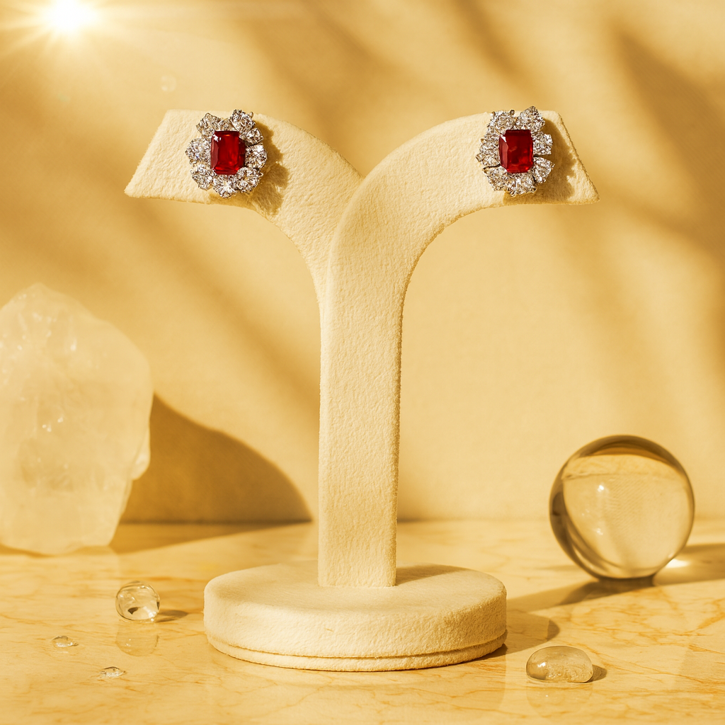 Aanura Red Gemstone Floral Halo Stud Earrings