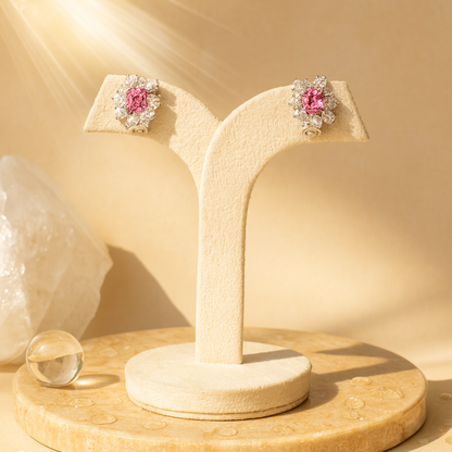 Aanura Red Gemstone Floral Halo Stud Earrings