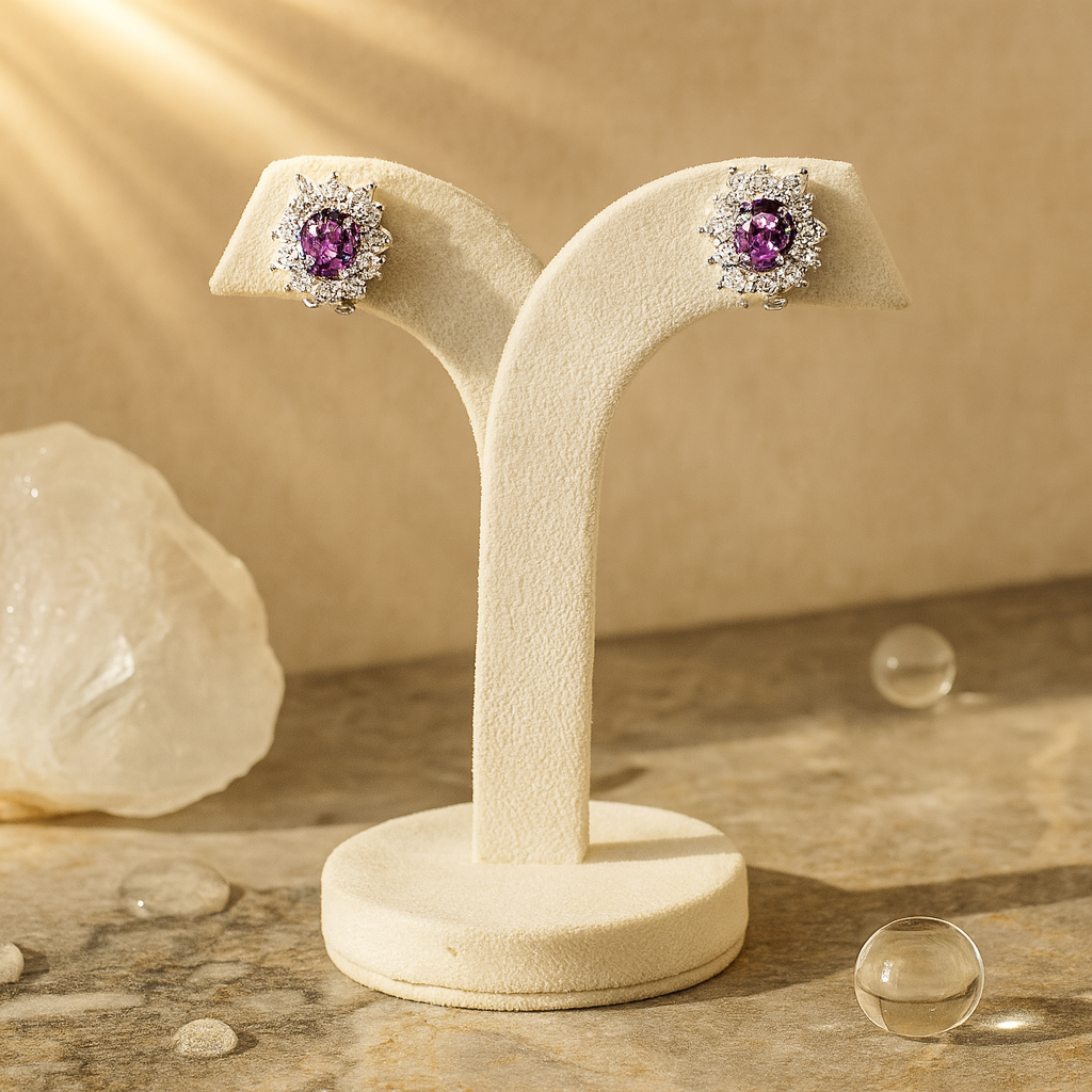 Aanura Red Gemstone Floral Halo Stud Earrings